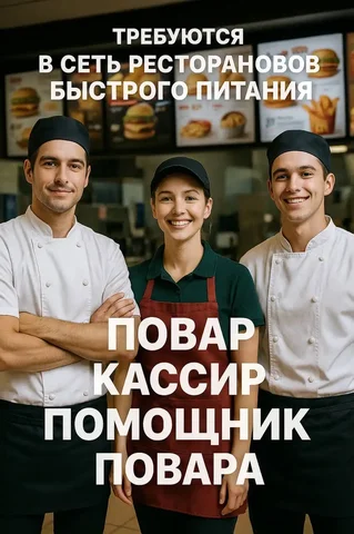 Требуются повар, кассир и помощник повара в сеть ресторанов быстрого питания - Работа в Неизвестно