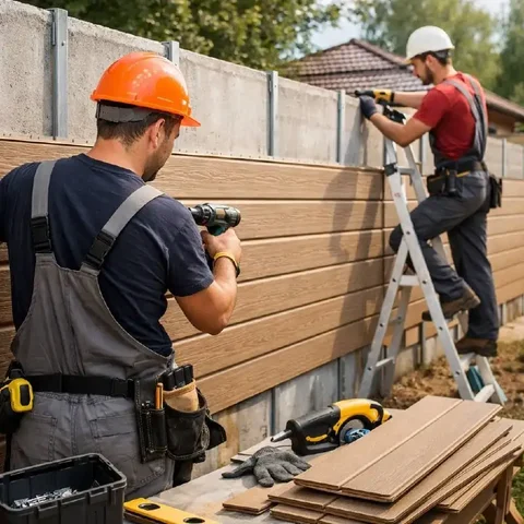 Рабочий на облицовку бетонного забора сайдинг-панелями - Строительство в Одинцово