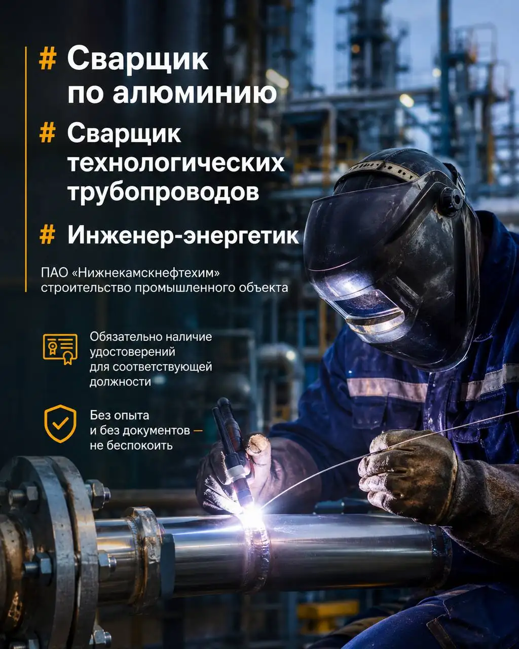 Вакансии: сварщик по алюминию, сварщик технологических трубопроводов, инженер-энергетик - Строительство (Работа) в Нижнекамск