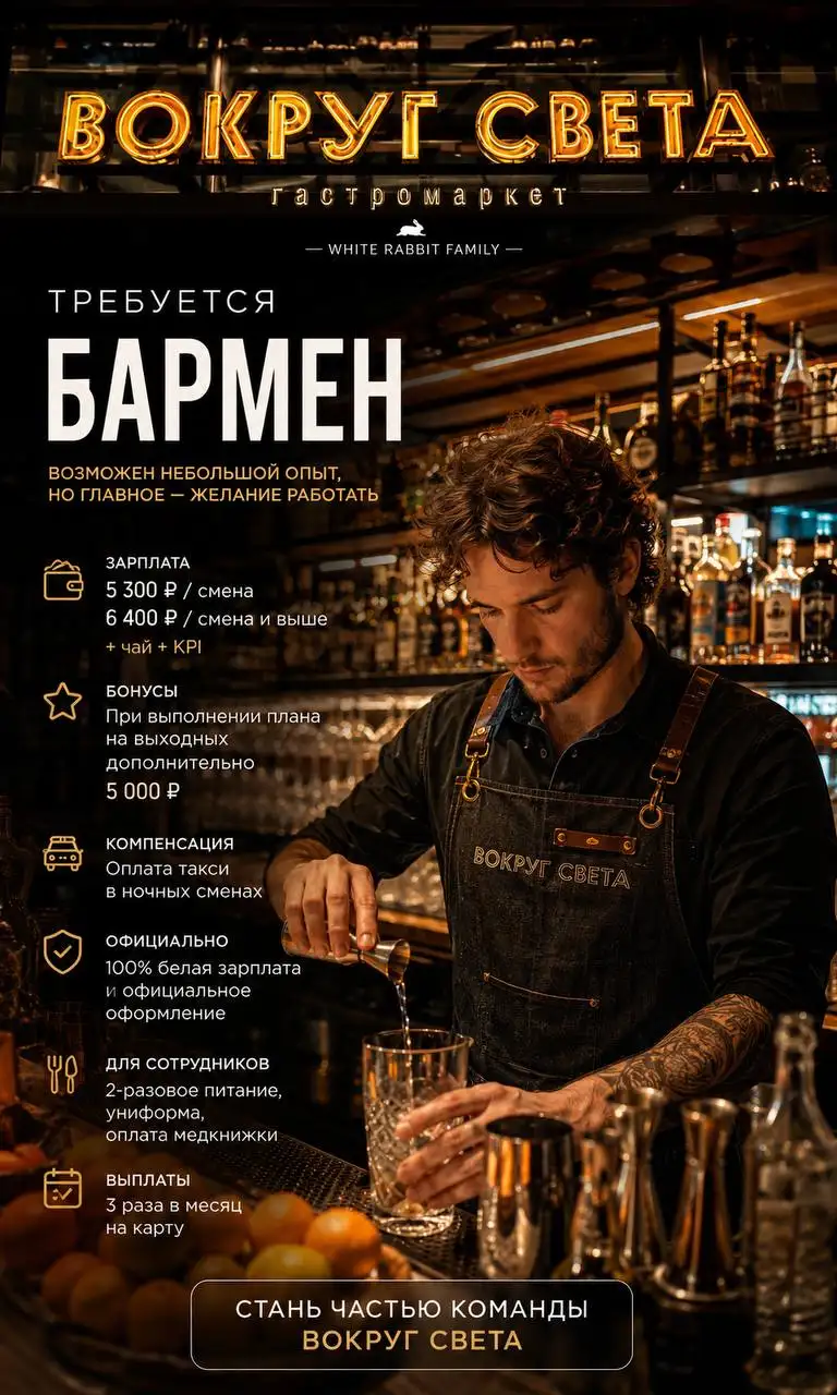 Вакансия бармена в ресторан 'Vokrug Sveta' - Бармен (Работа) в Москва