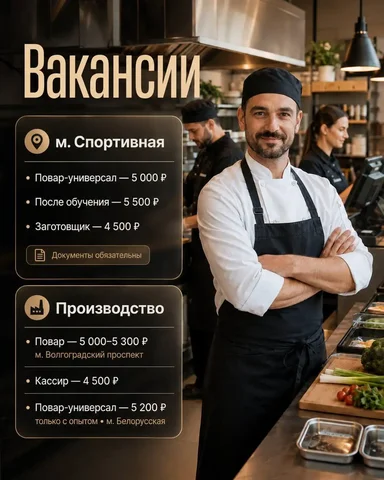 Вакансия: повар-универсал, заготовщик, повар, кассир - Работа в Москва