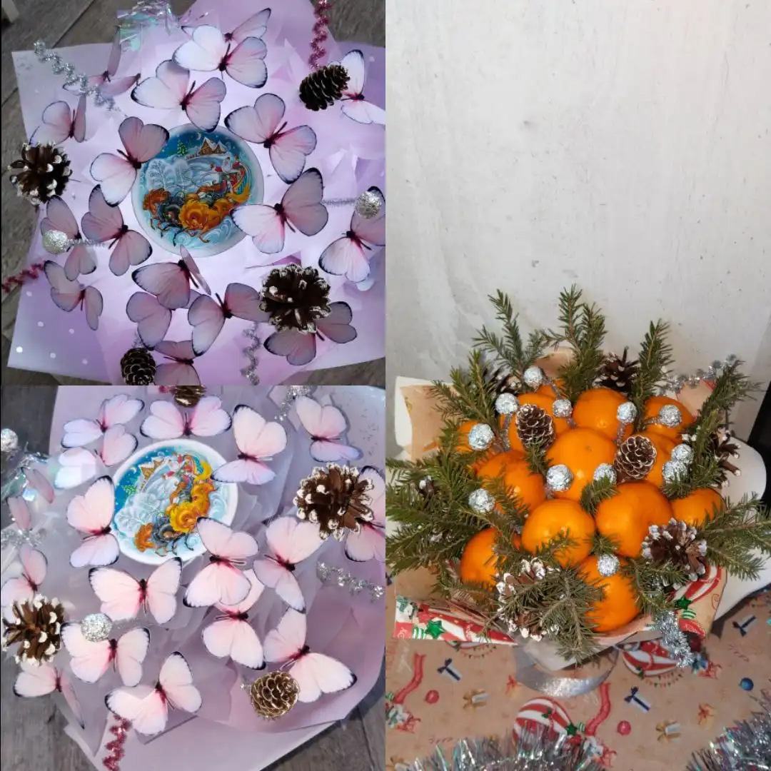 Зимние букеты из бабочек и фруктов с новогодней тематикой