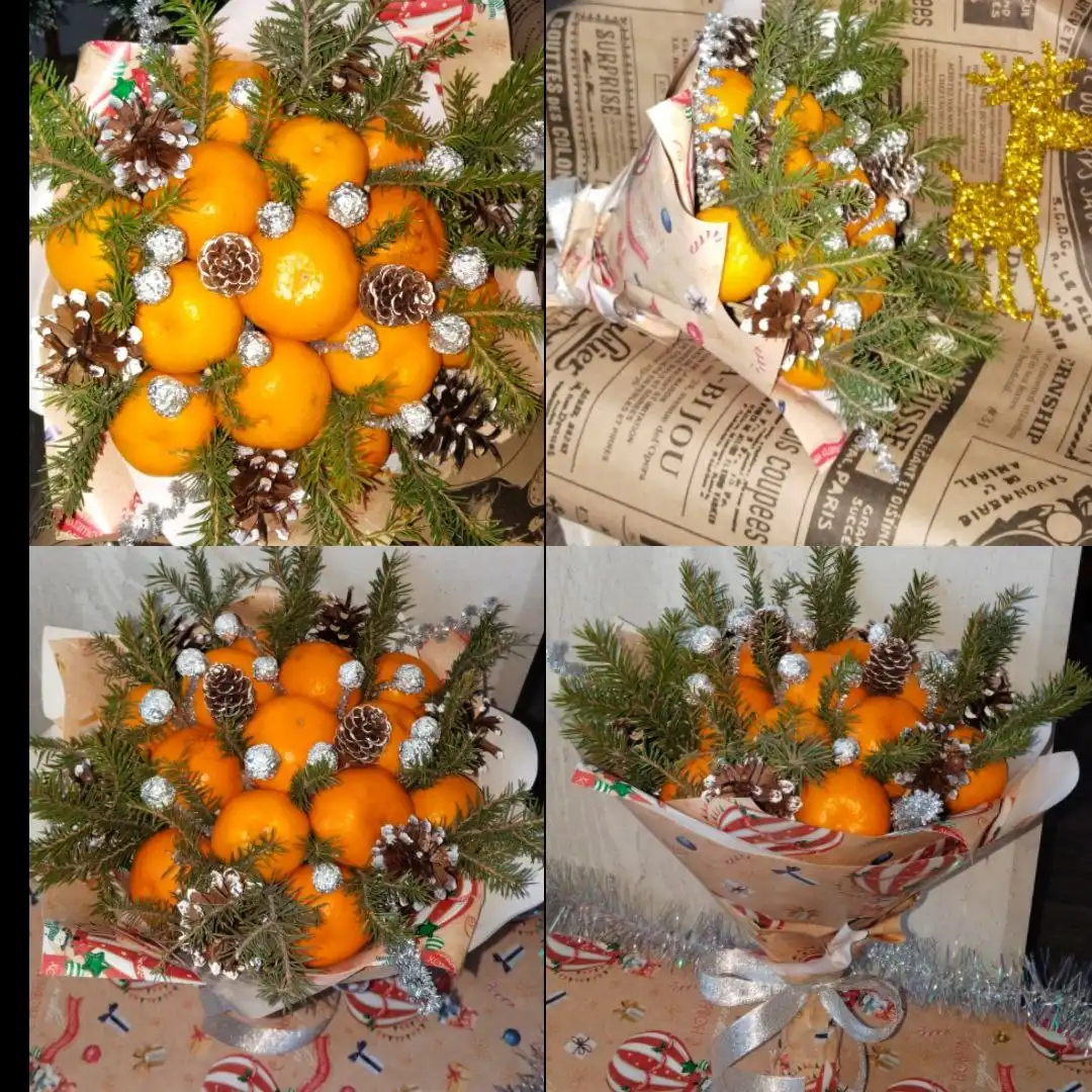 Зимние букеты из бабочек и фруктов с новогодней тематикой