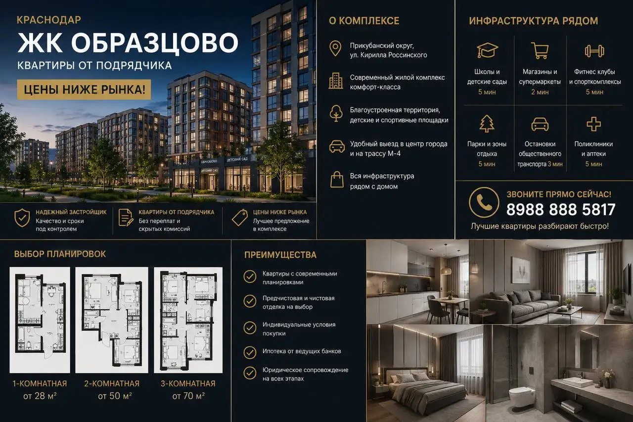 3-к квартира в ЖК Образцово от подрядчика, Краснодар - Недвижимость в Краснодар