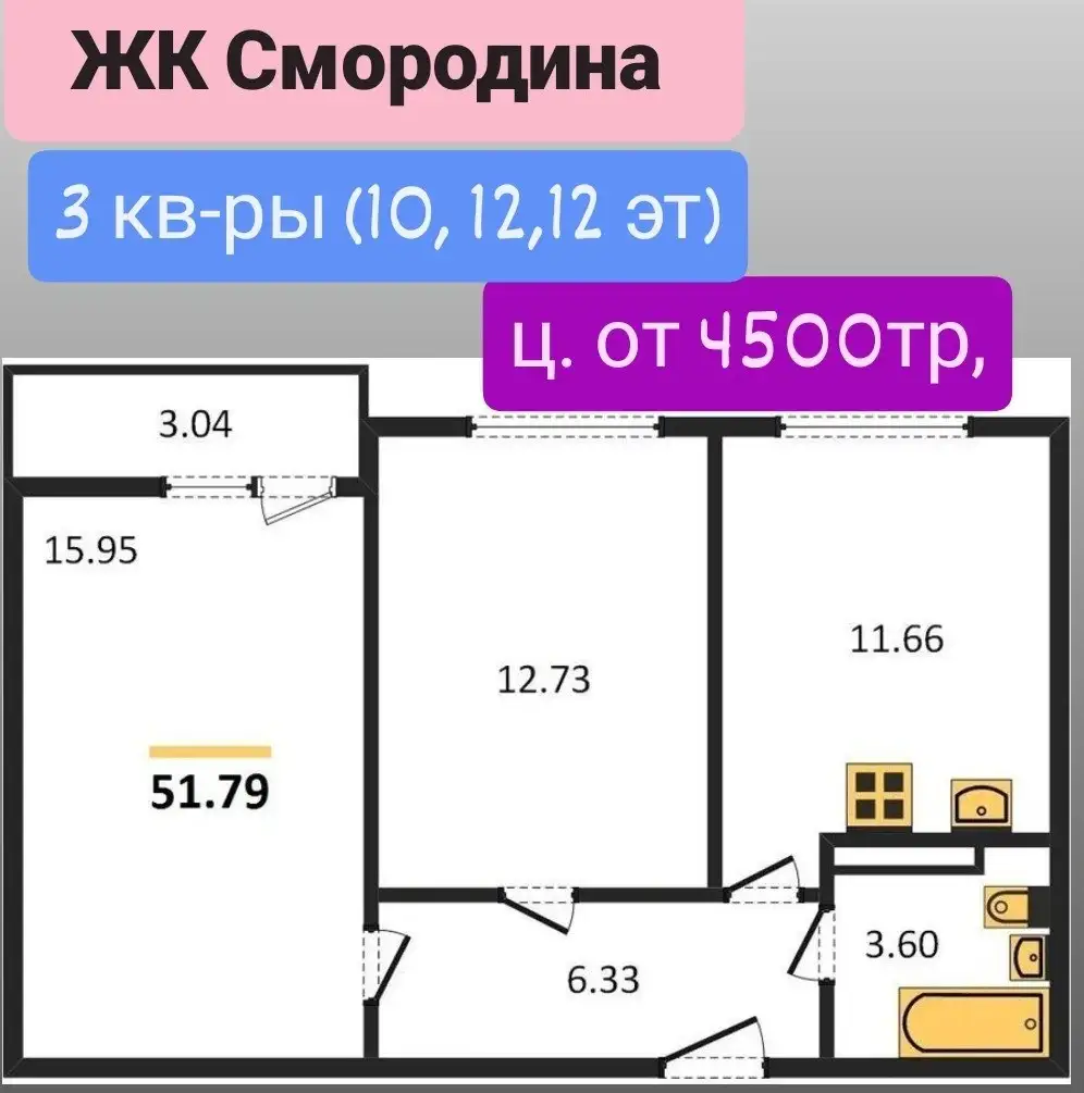 2-комнатная квартира в ЖК Смородина, 4 500 000 руб - Квартиры (Недвижимость) в Краснодар