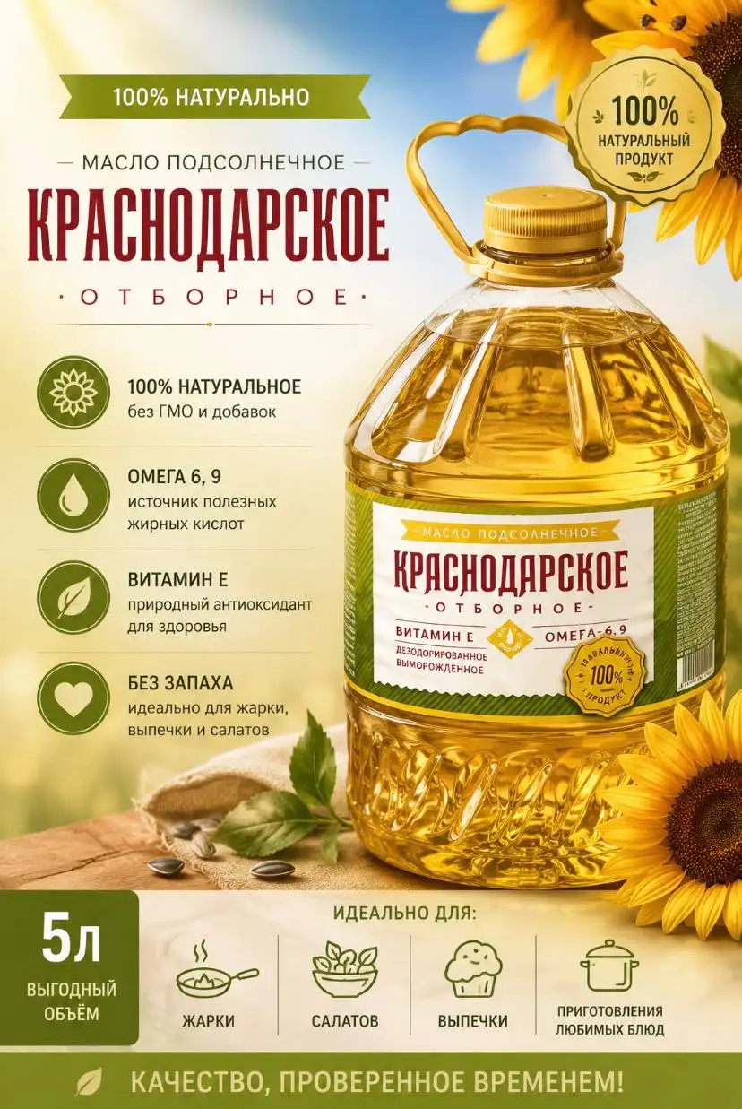 Подсолнечное масло «Краснодарское» 5 л - Масло (Продукты питания) в Краснодар