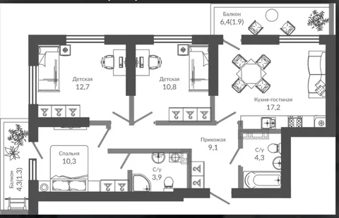 3-комнатная квартира 78 м² в ЖК «Флора» - Дома и коттеджи в Сочи