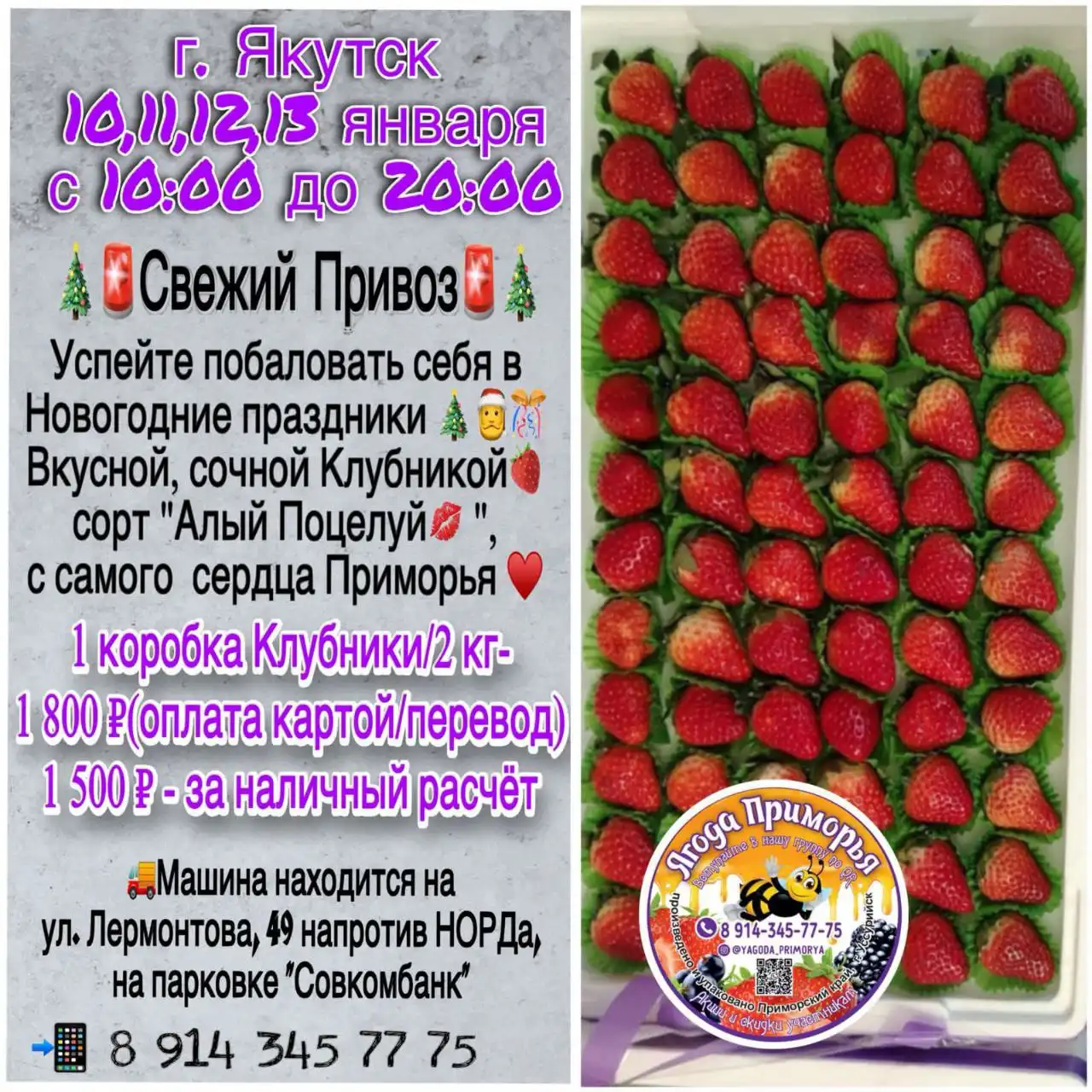 Продажа свежей клубники сорта «Алый Поцелуй» в Якутске