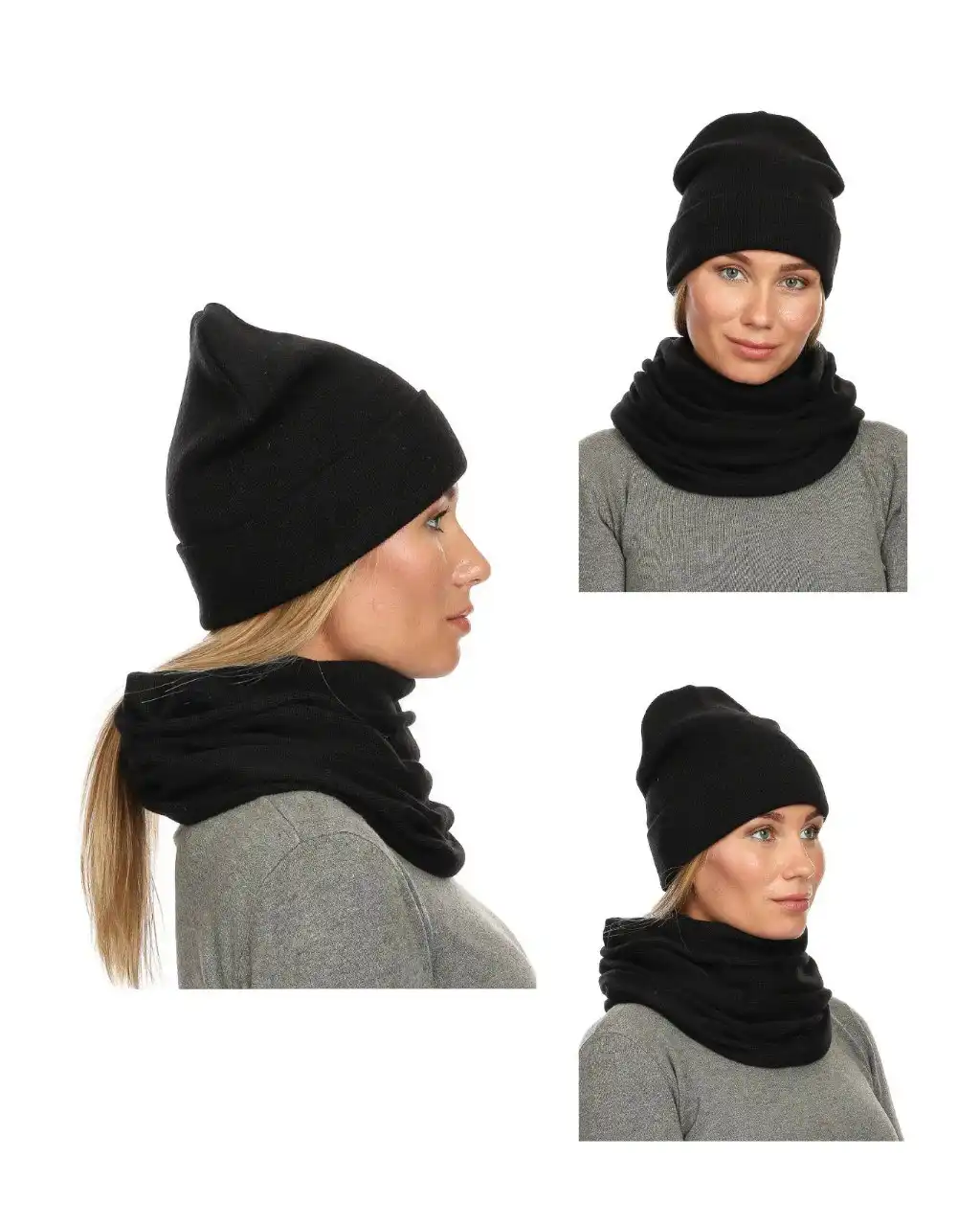 Черная шапка-бини с отворотом демисезонная