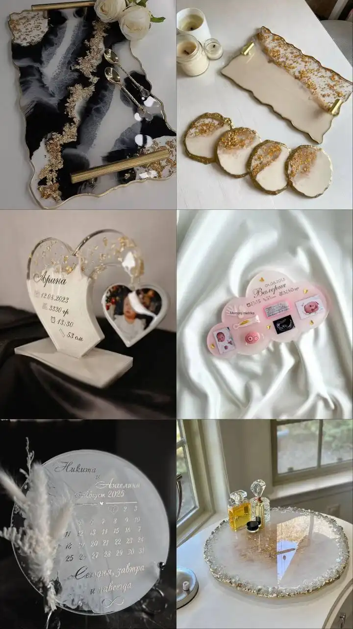 Изделия из эпоксидной смолы: новогодние игрушки, подносы, метрики, фоторамки