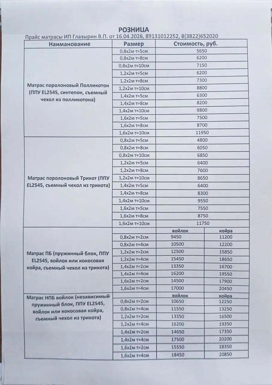 Матрасы собственного производства - Барахолка в Томск