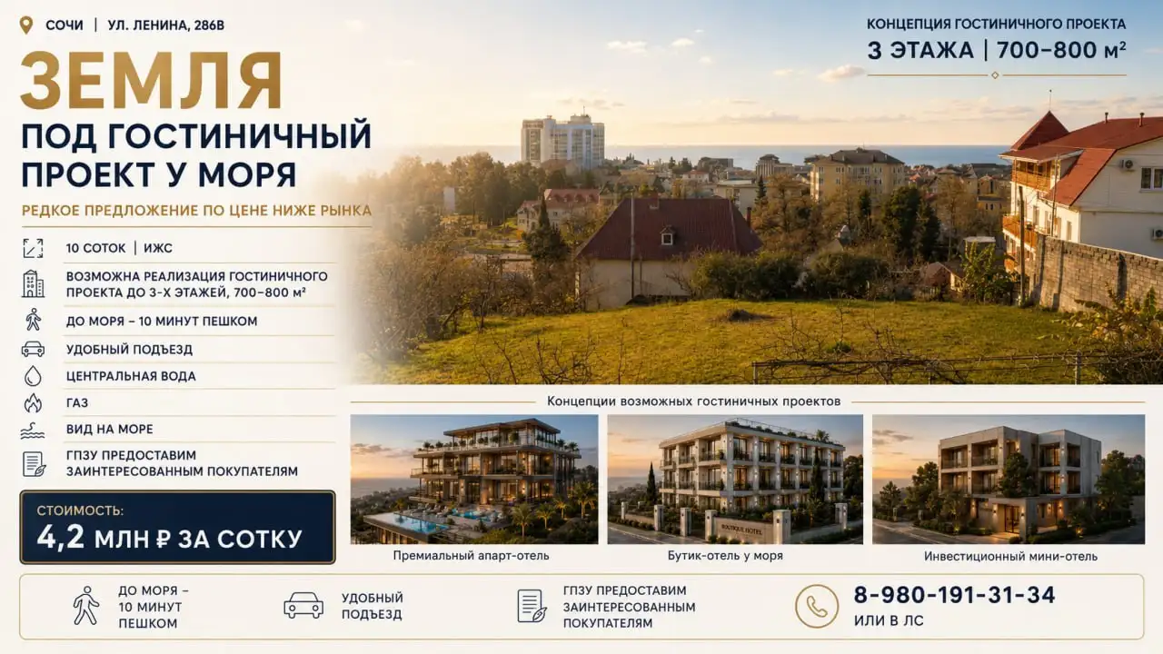 Участок в Сочи под гостиницу у моря - Земельные участки (Недвижимость) в Сочи