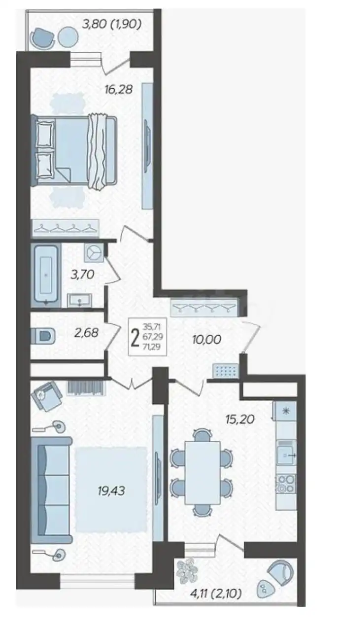 ЖК AVRORA, 2-комнатная квартира, 75.46 м², 15/22 этаж