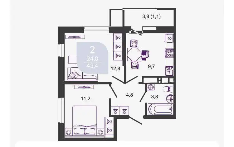Продажа квартиры 42.2 м² с балконом в ЖК Улыбка - Квартиры (Недвижимость) в Краснодар
