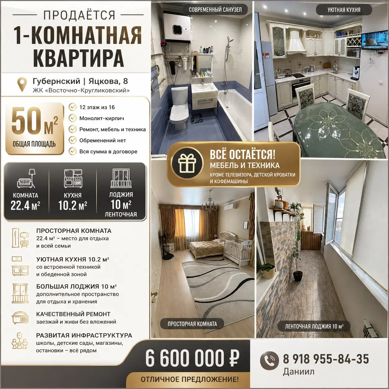Продажа 1-комнатной квартиры 50 м², ЖК Губернский - квартиры (Недвижимость) в Краснодар