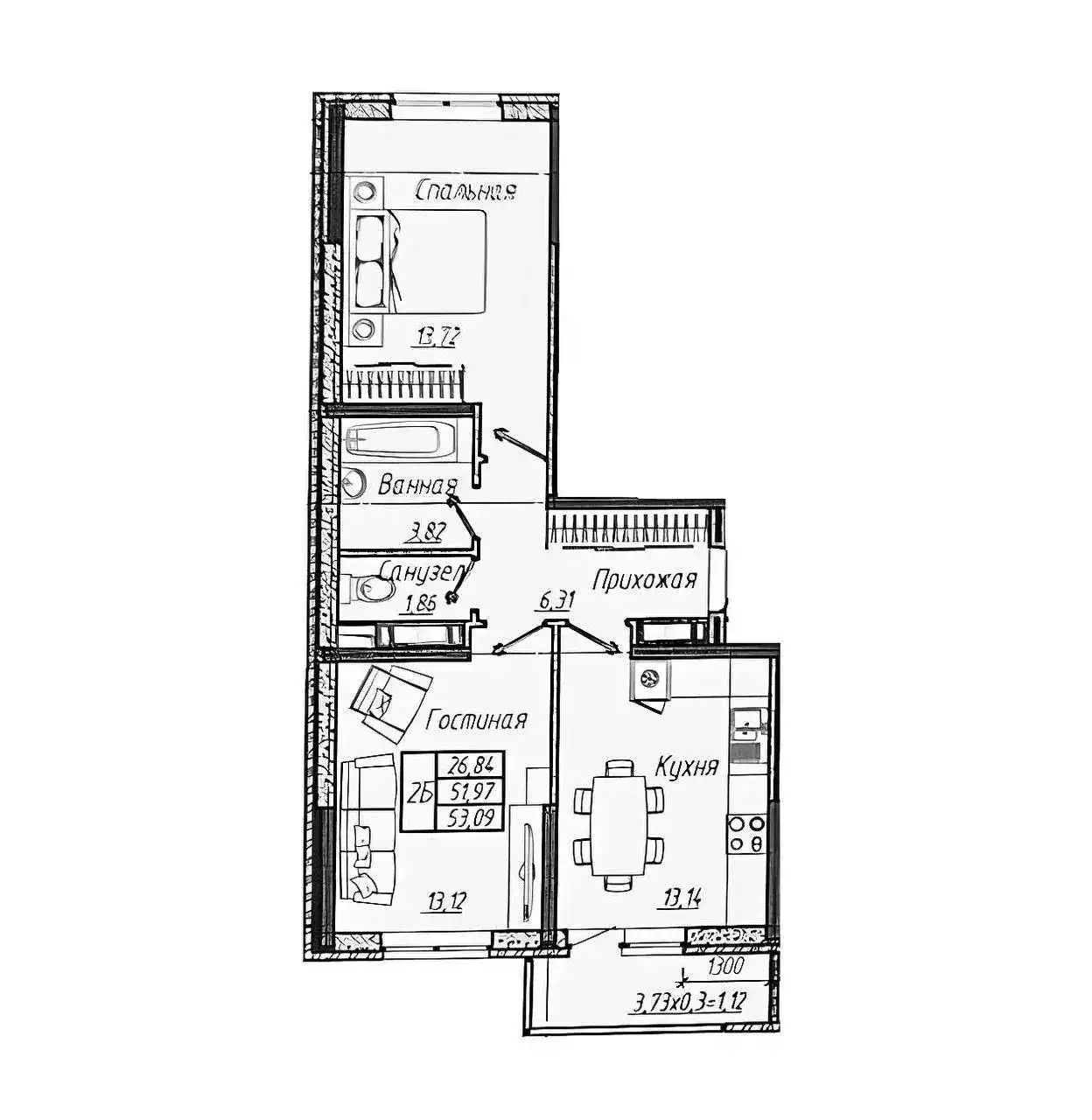 2-к квартира, 53.09 м², этаж 6, ЖК Облака - Квартиры (Недвижимость) в Краснодар