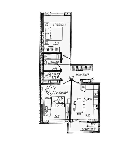 2-к квартира, 53.09 м², этаж 6, ЖК Облака - Квартиры посуточно в Краснодар