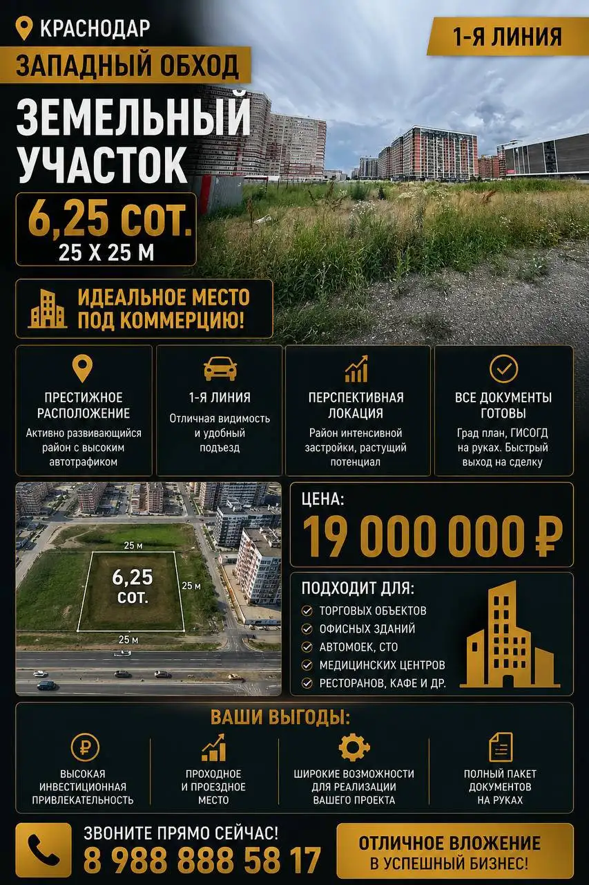 Земельный участок 6.25 сот под коммерцию - Земельные участки под коммерческую застройку (Недвижимость) в Краснодар