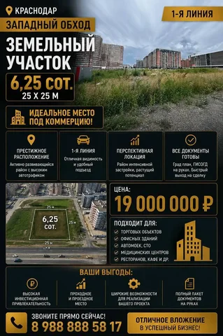 Земельный участок 6.25 сот под коммерцию - частное объявление в Краснодар