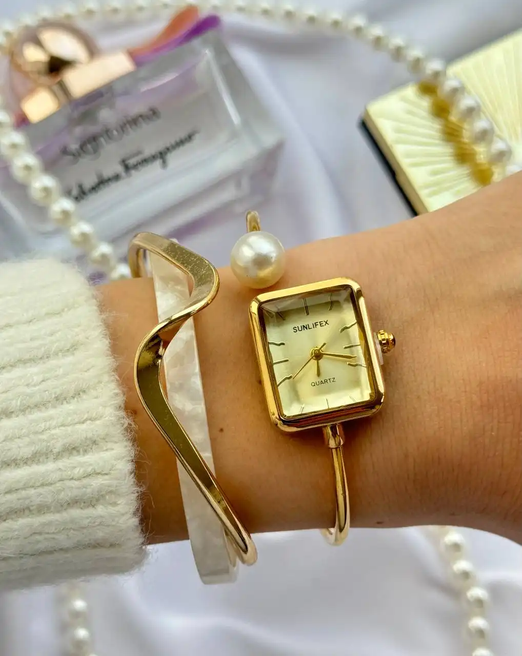 Женские винтажные наручные золотые часы с жемчужиной