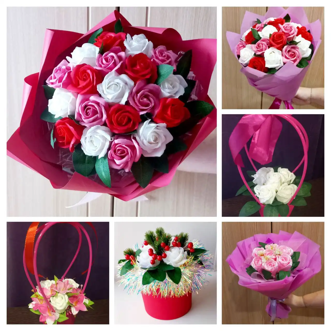 Букеты из мыльных роз, светящихся бабочек и атласных лент