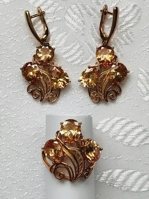 Серьги и кольцо с цитрином, серебро позолоченное - Посуда в Москва