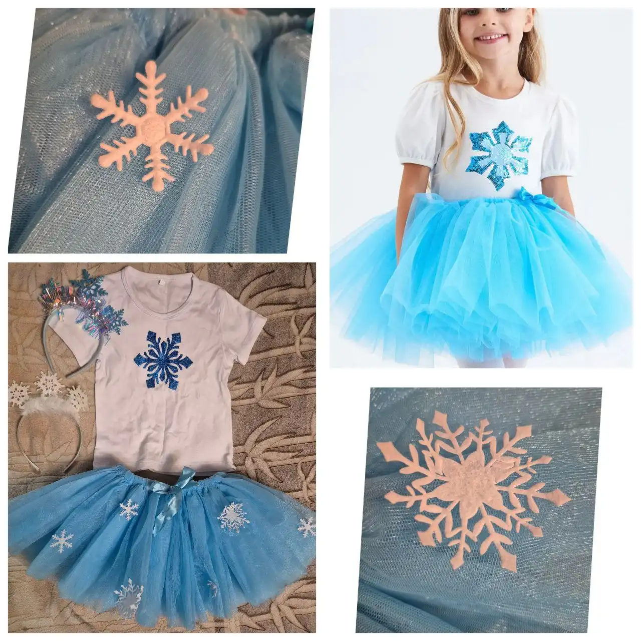 Детский костюм снежинки с футболкой, юбкой и ободками