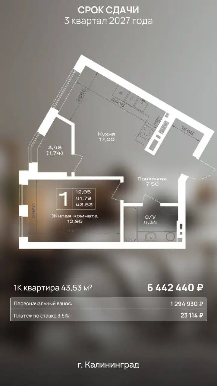 Продажа 1-комнатной квартиры в Калининграде