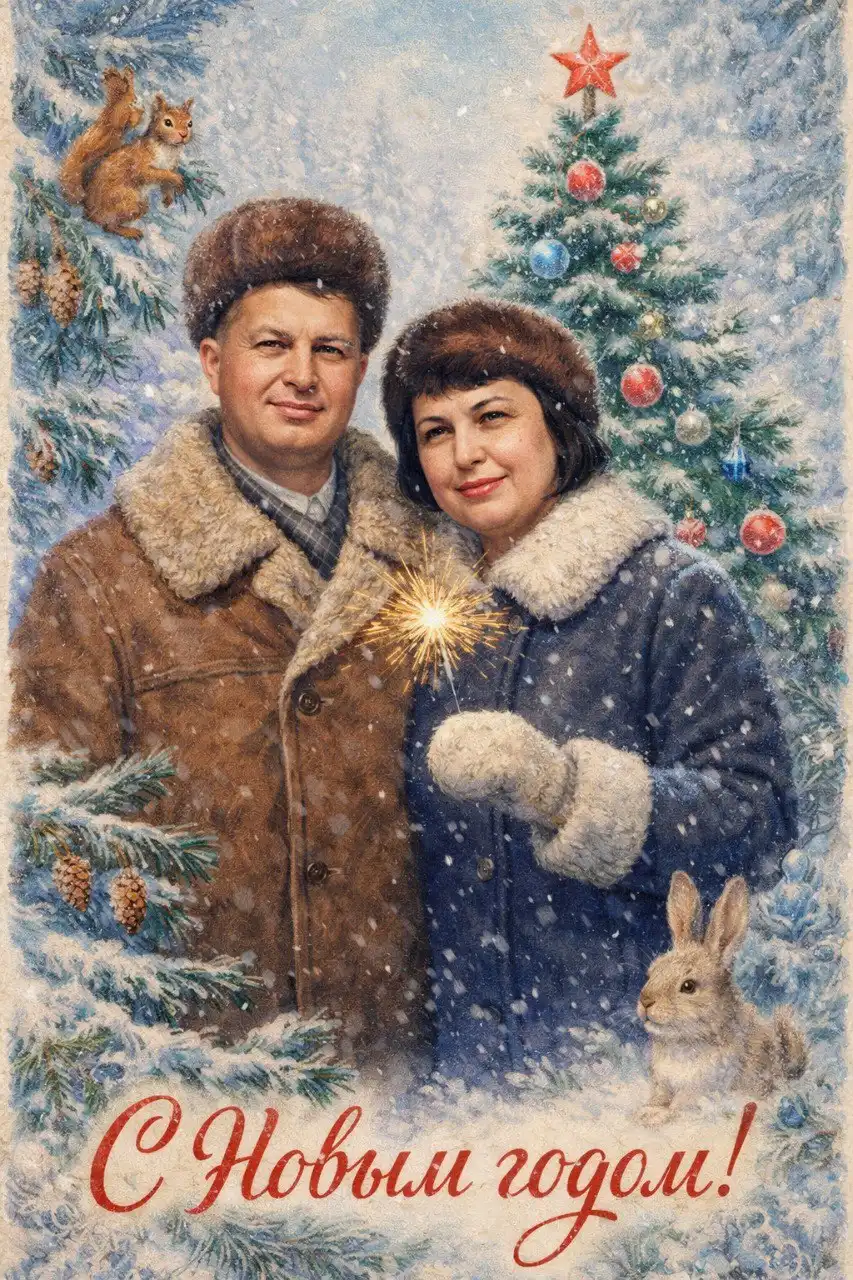 Новогодняя памятная открытка в советском стиле