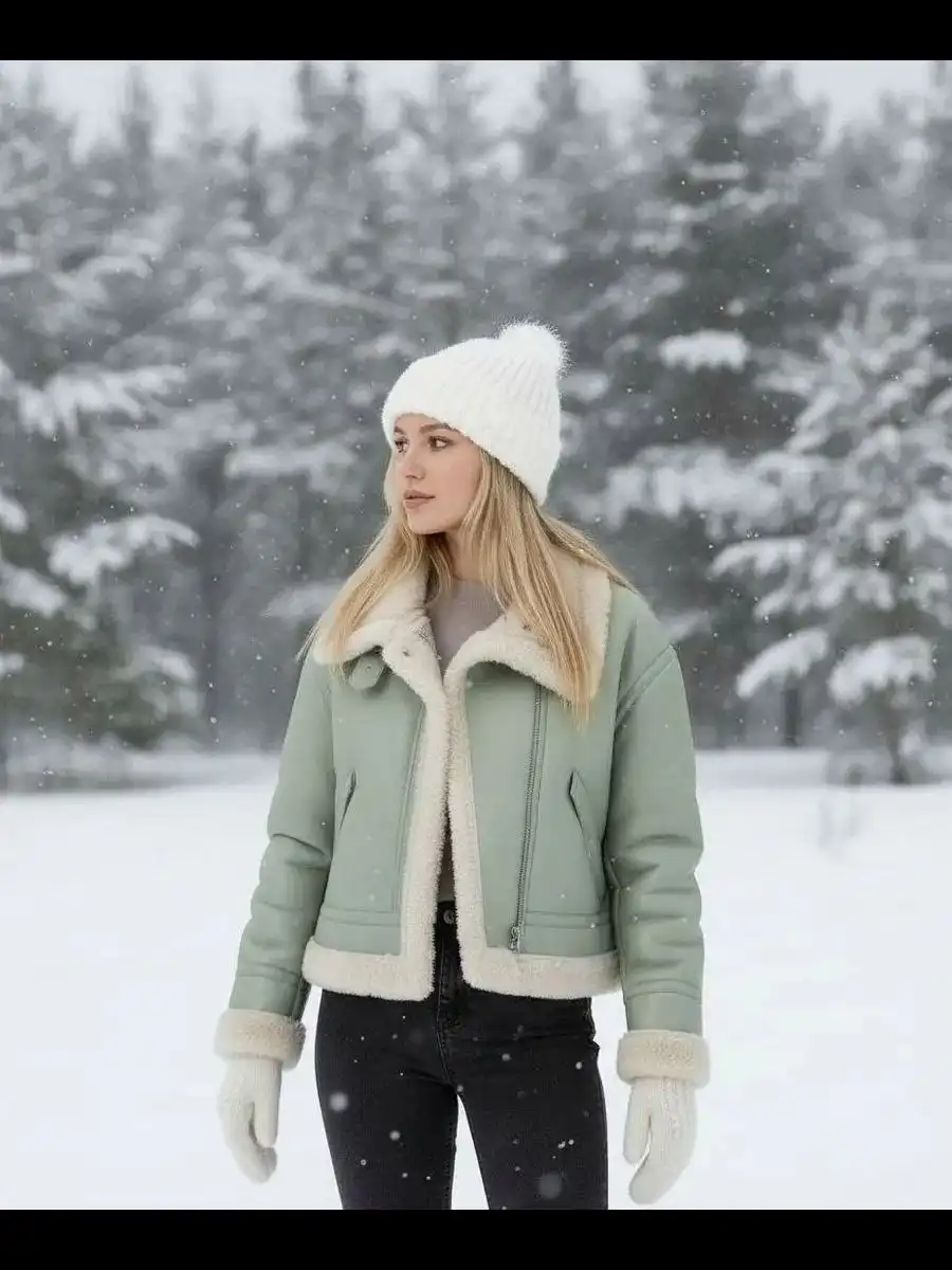 Женская дублёнка оверсайз из экокожи оливкового цвета - Верхняя одежда (Одежда) в Уфа