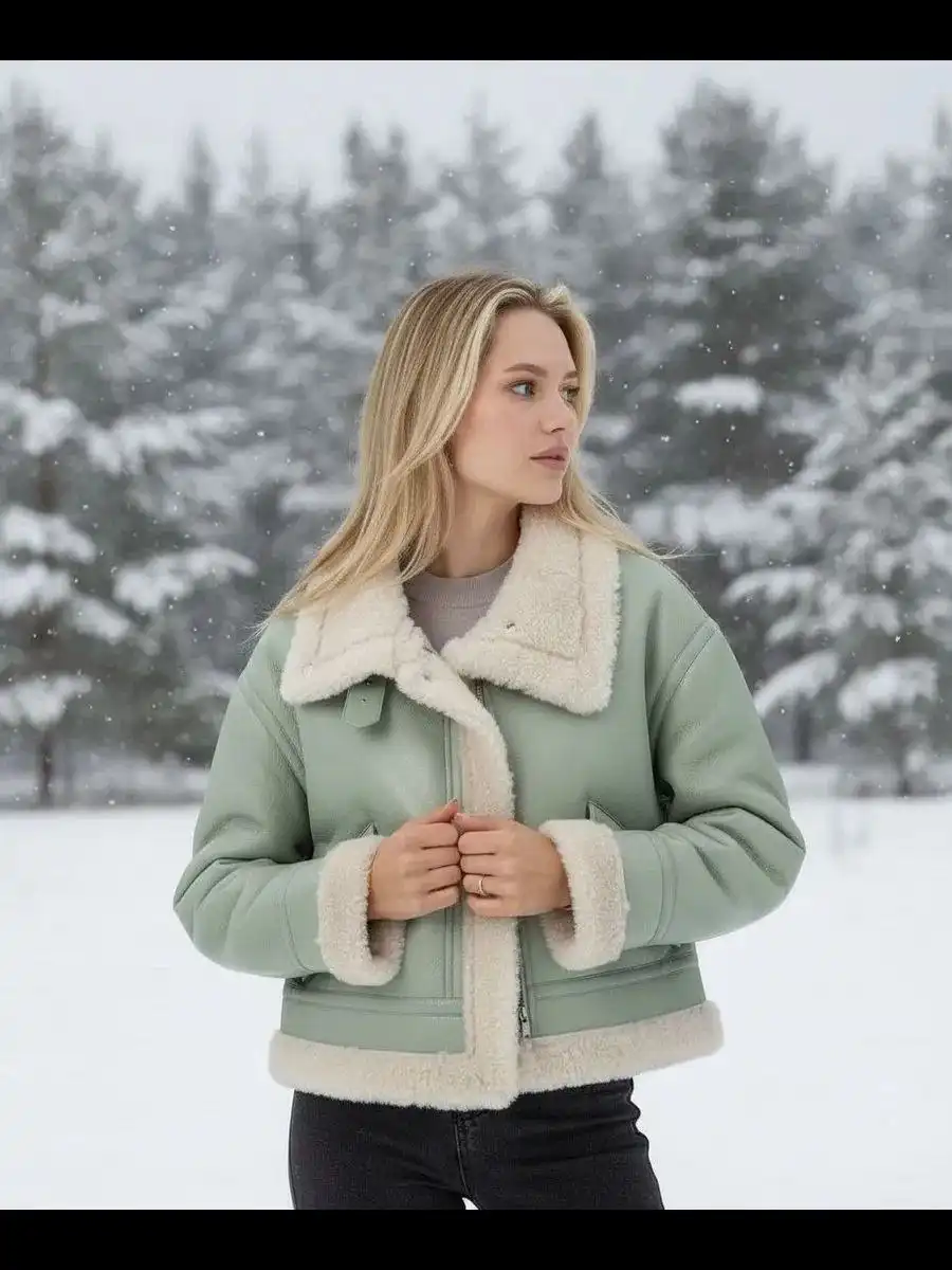 Женская дублёнка оверсайз из экокожи оливкового цвета - Верхняя одежда (Одежда) в Уфа