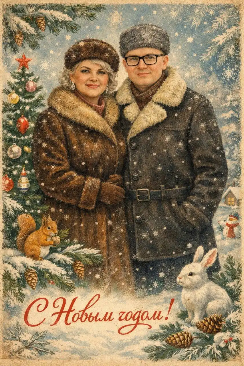 Новогодняя открытка в стиле СССР с изображением