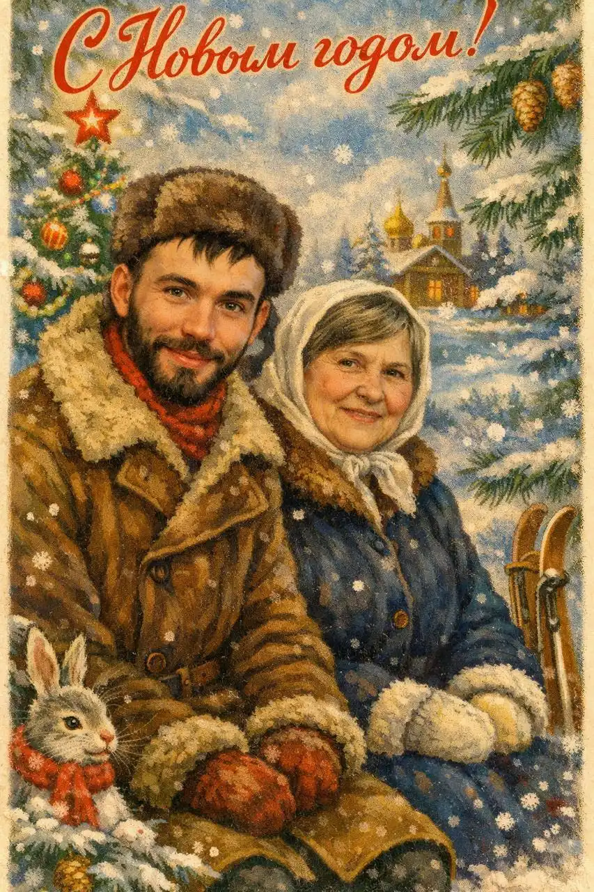 Новогодняя открытка в стиле СССР с изображением