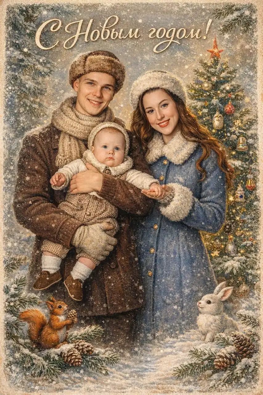 Поздравление с Новым годом открыткой в стиле СССР