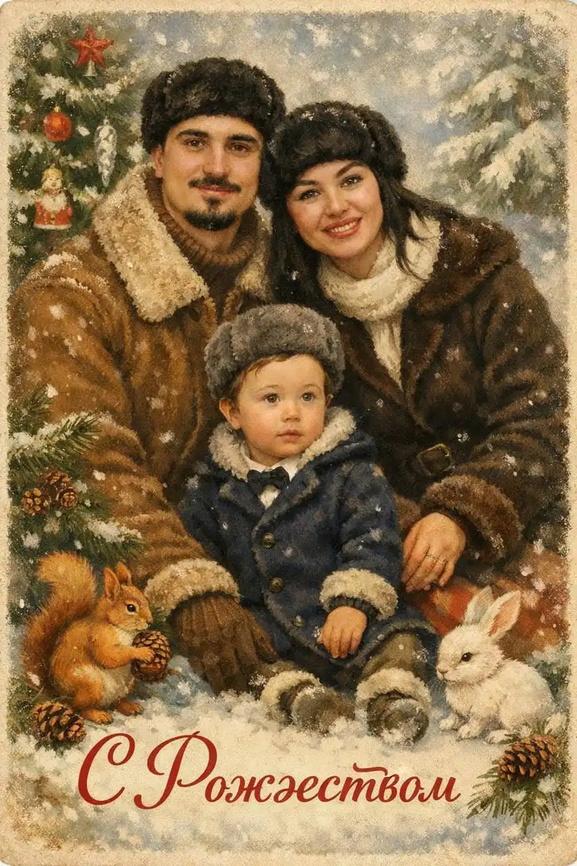 Поздравление с Новым годом открыткой в стиле СССР