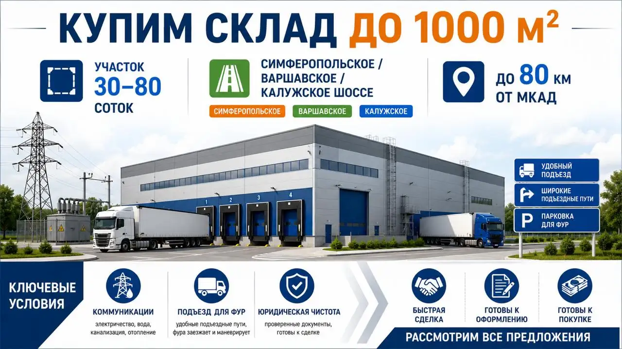 Куплю склад до 1000 м² на участке 30–80 соток. - Склад (Недвижимость) в Москва