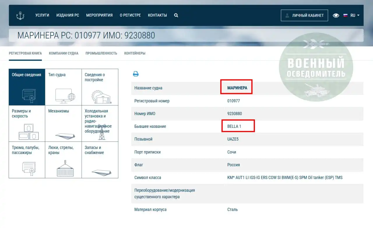 Танкер Bella 1 сменил название на Marinera и получил порт приписки Сочи