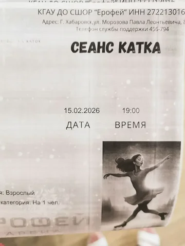 Продажа двух билетов на каток в Ерофей Арене на 19 часов - частное объявление в Хабаровск