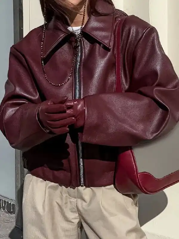 Куртка женская кожаная бордовая оверсайз