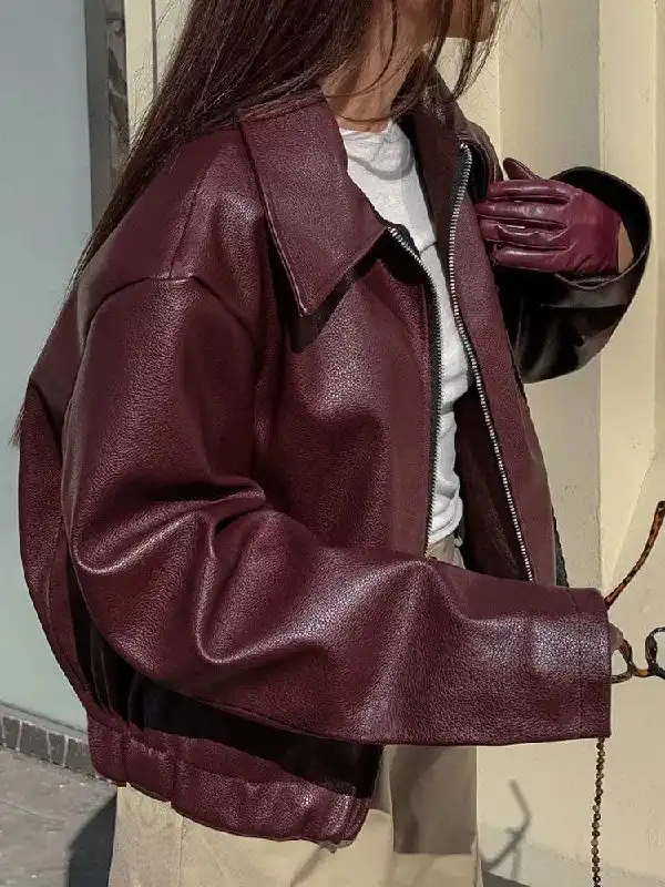 Куртка женская кожаная бордовая оверсайз