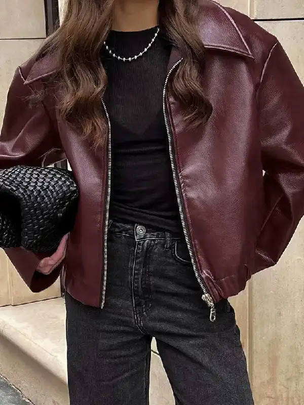 Куртка женская кожаная бордовая оверсайз