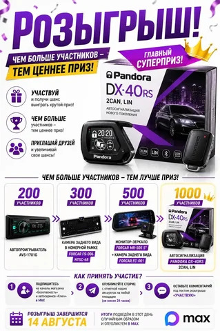 Розыгрыш автосигнализации Pandora DX-40RS 2CAN/LIN - Авто в Неизвестно