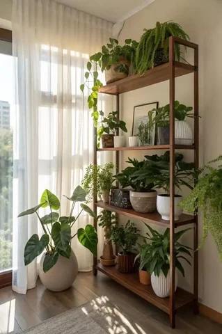 Зелёный уголок дома с комнатными растениями на стеллажах - Ремонт и отделка в Уфа