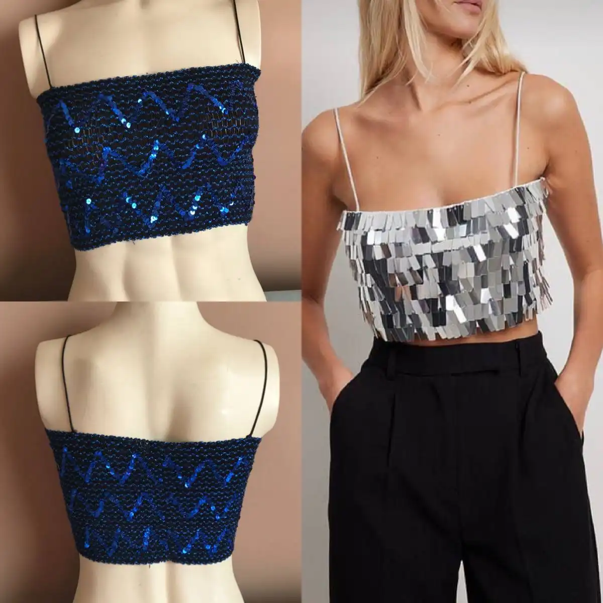 Вечерний кроп-топ с синими пайетками