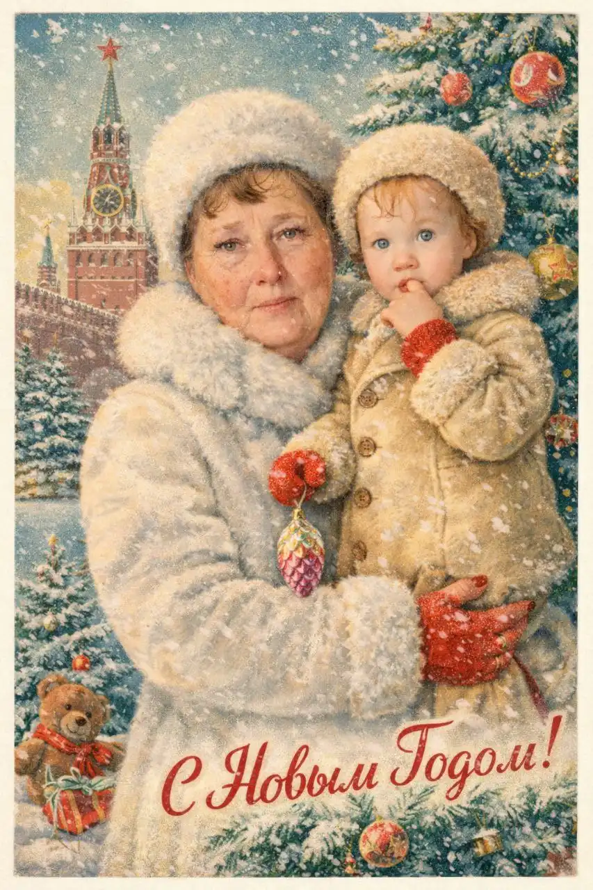 Создание атмосферной новогодней открытки в стиле СССР по фото