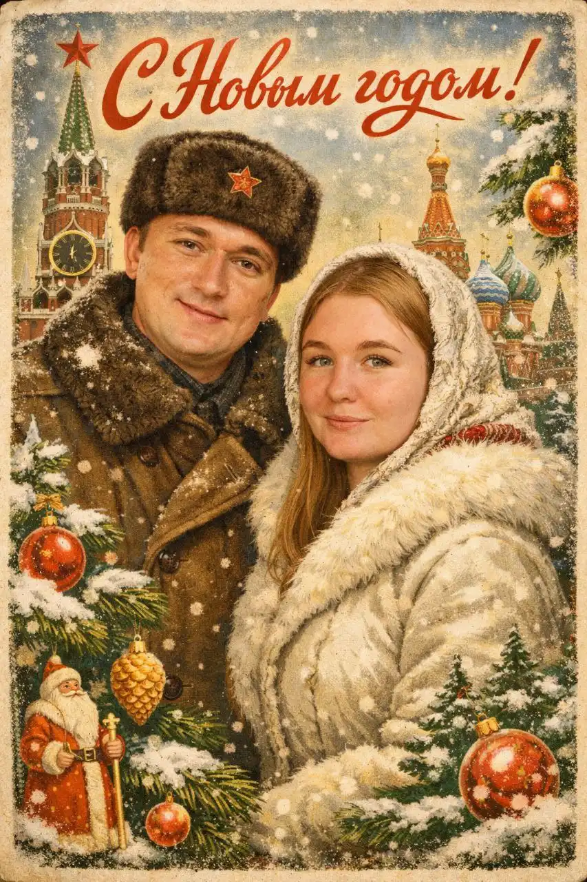 Создание атмосферной новогодней открытки в стиле СССР по фото