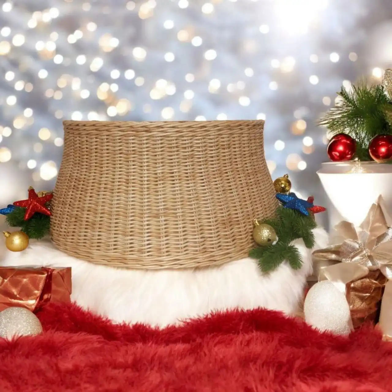 Плетеная корзина-юбка для новогодней ёлки ручной работы
