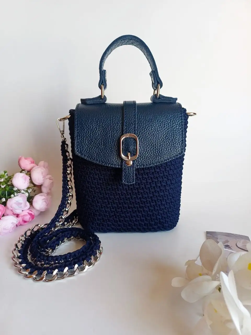 Мини-сумка из полиэфирного шнура с натуральной кожей и ремешком-цепью - Аксессуары (Одежда) в Красноярск