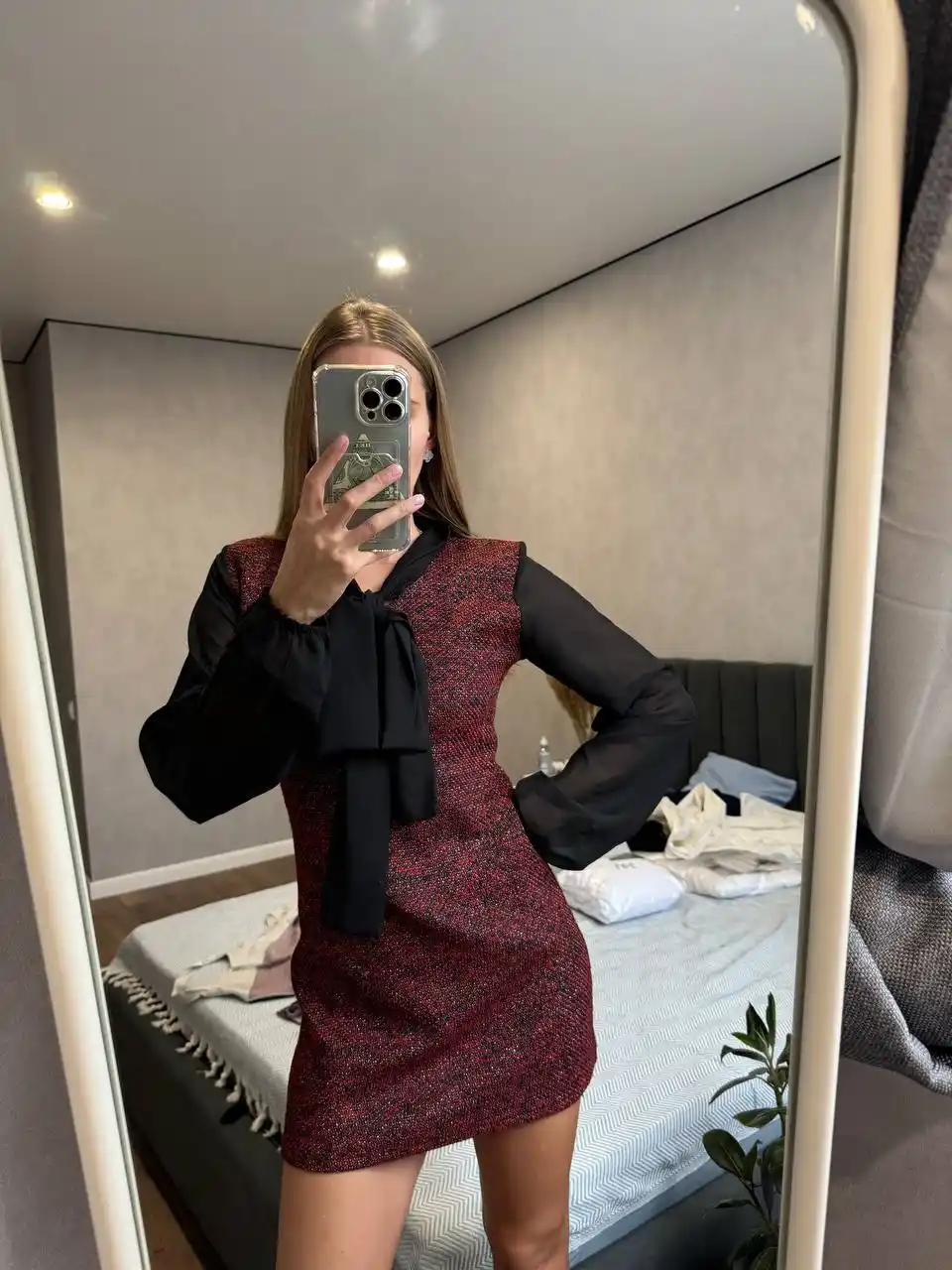 Твидовое платье с шифоновыми рукавами