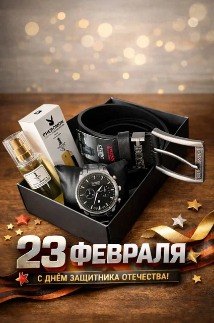 Подарочный набор на 23 февраля с часами, ремнем и парфюмом - Подарки в Владивосток